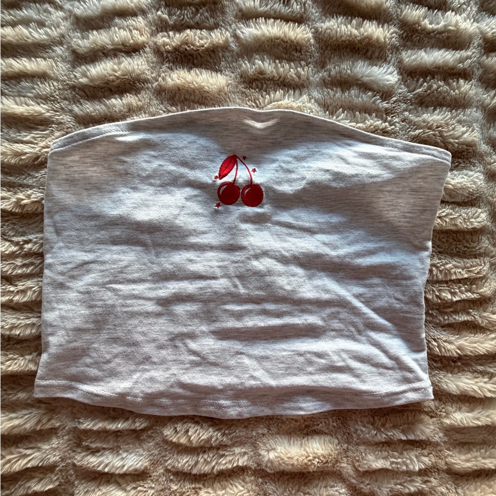 Gray Tube Top with Cherry Embroidery
